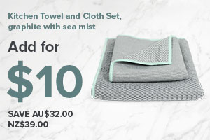 Spend $100 and purchase the Kitchen Towel and Cloth Set, graphite with sea mist for $10