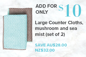 Spend $100, and purchase Counter Cloths, large, mushroom and sea mist set of 2 for $10