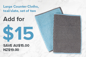 Spend $100 and purchase a set of two large teal/slate Counter Cloths for $15